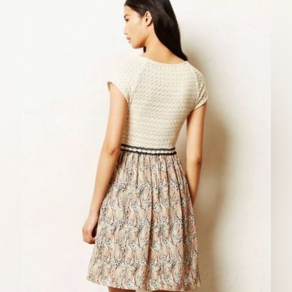 Anthropologie Weston Dress Cream Woven Bodice, Design Skirt A Line Size Medium - Picture 2 of 11